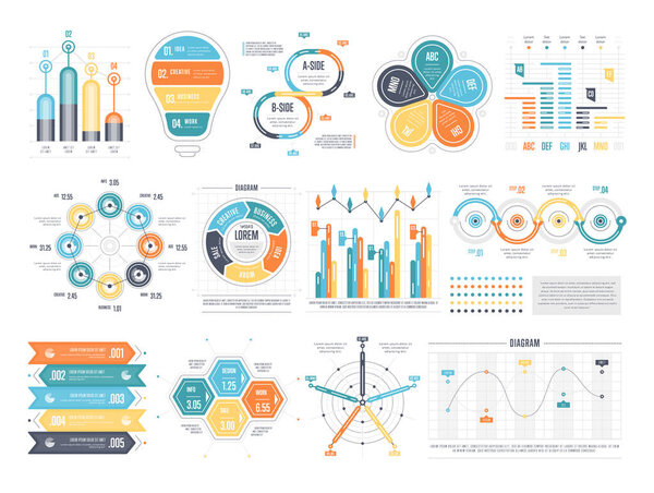 Business infographics set with different diagram vector illustration. Data visualization elements, marketing charts and graphs