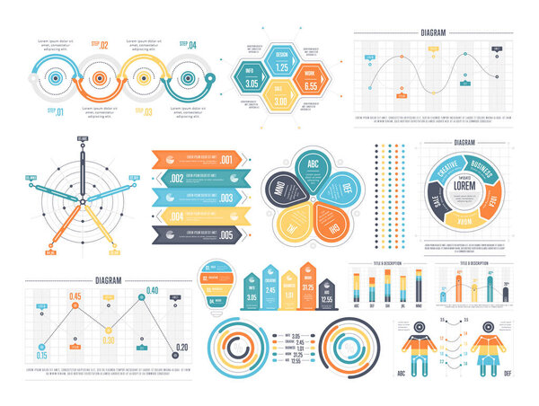 Colorful vector set of various diagrams and charts for infographic templates isolated on white background