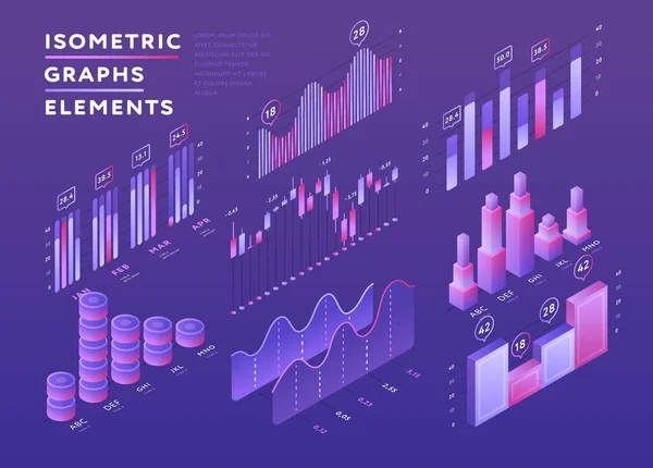 Vector Isometric Set Charts Graphs Elements Bright Purple Background — Stock Vector