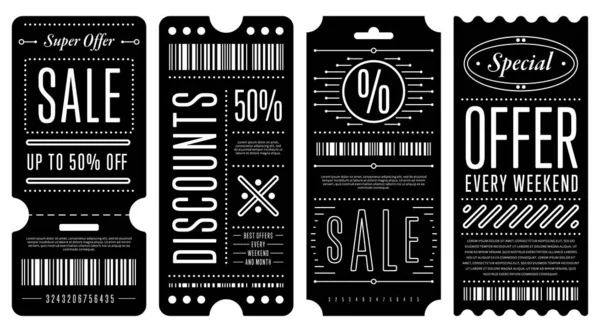 Set Four Black Discount Coupons Various White Writings — Stock Vector