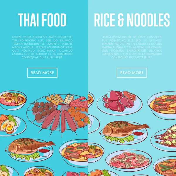 Lezzetli Asya yemekleri olan Tayland mutfağı broşürleri. Tom yer elması çorbası, buğulanmış pirinç, satay şiş, yeşil köri, balık ve yengeç, erişte, yeşil papaya salatası illüstrasyon.
