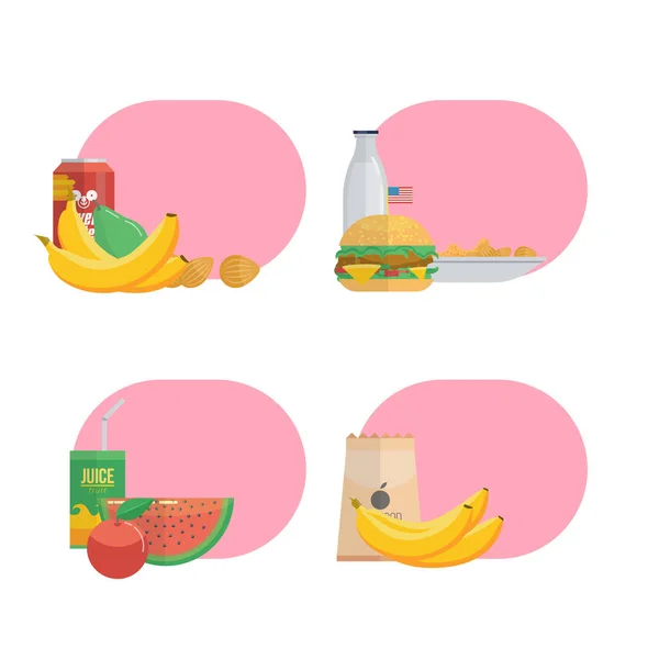 Conjunto Comida Sana Rápida Servida Para Almuerzo Con Nube Rosa — Vector de stock