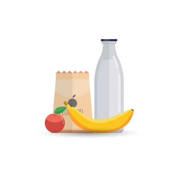 Flaska Mjölk Med Banan Äpple Och Eco Food Papper Pack — Stock vektor