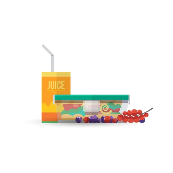 Boîte Jus Sandwich Récipient Avec Baies Isolées Sur Fond Blanc — Image vectorielle