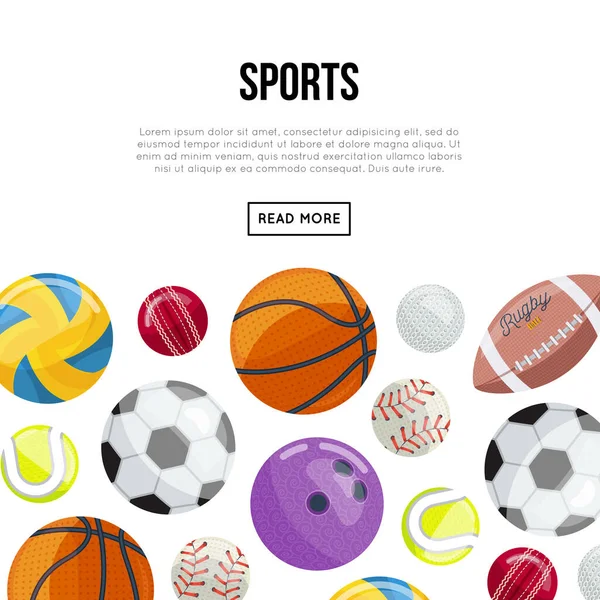 Vector Template White Internet Page Sports Layout Various Game Balls — Stock Vector