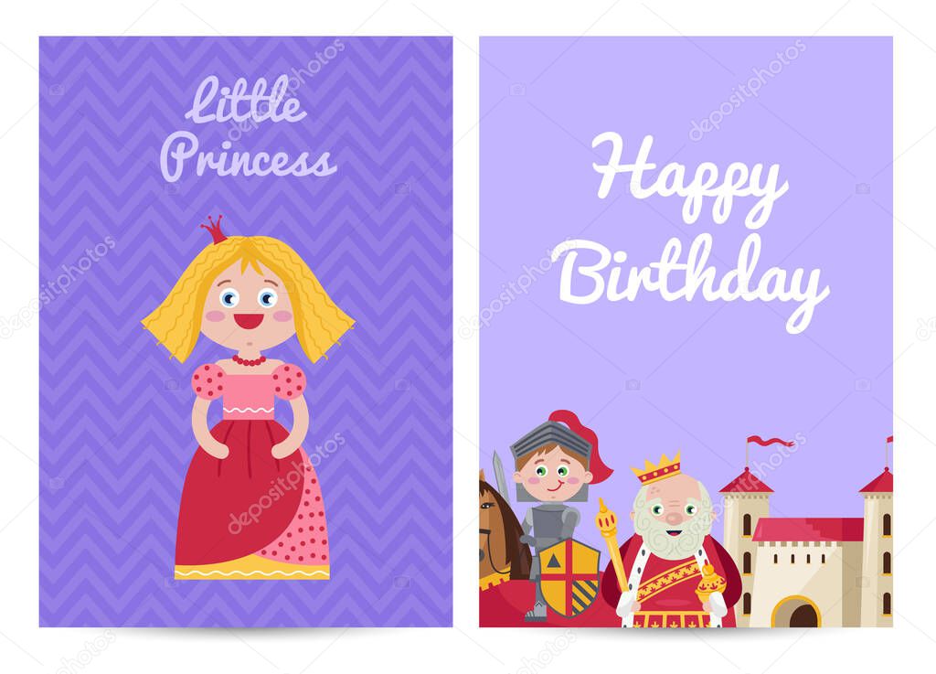 Happy birthday kids postcard with princess, knight in armor, stone castle and king wearing crown. Fairytale medieval greeting card, holiday congratulation for children party vector illustration.