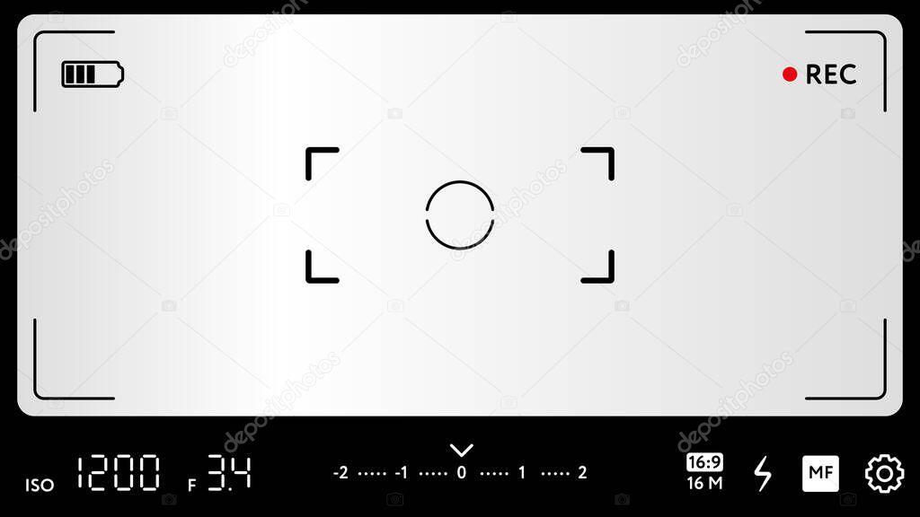 Modern video camera focusing screen with exposure, zoom zone and options. Blank smart phone camera viewfinder grid with many shooting settings. Realistic template for your design vector illustration.