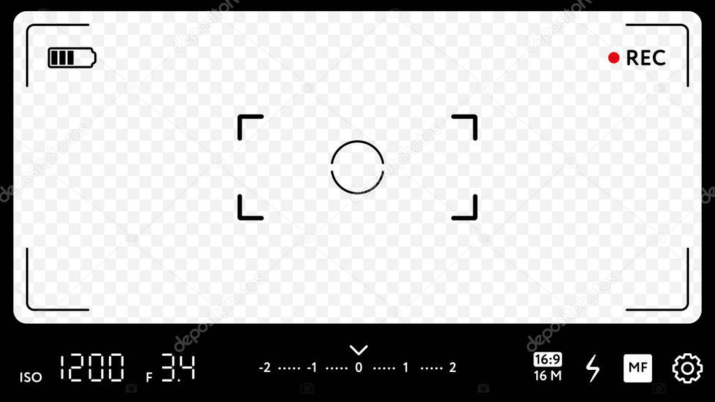 Modern camera focusing screen with exposure, zoom zone and options. Realistic template of smart phone camera viewfinder grid with many shooting settings on transparent background vector illustration.