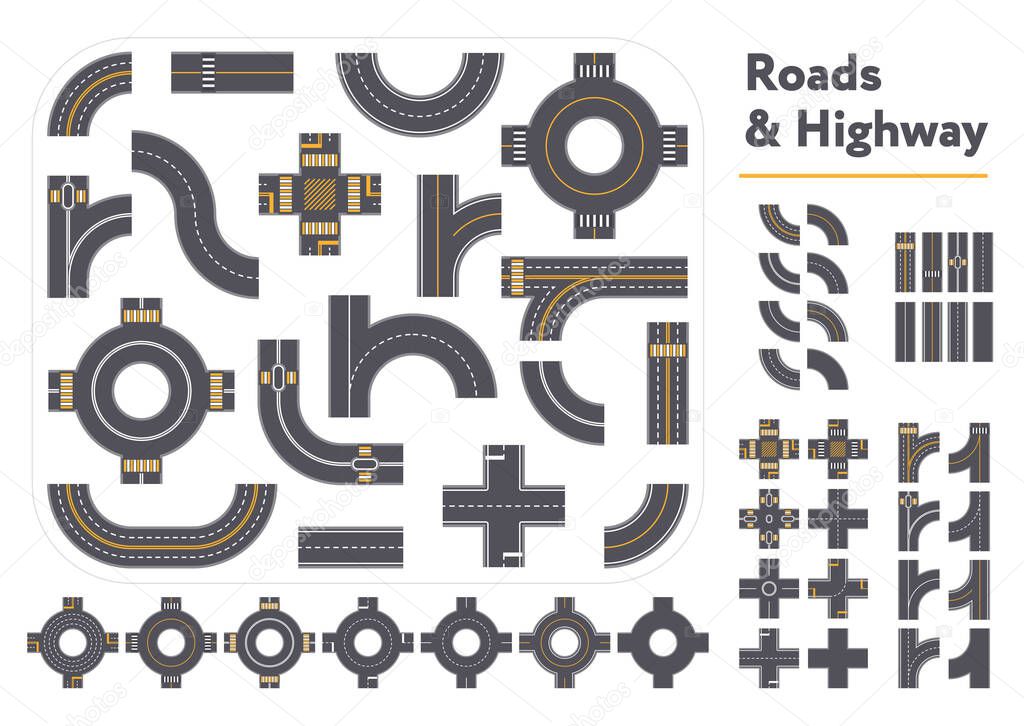 Set of different intersections and road pieces in graphic style isolated on white background