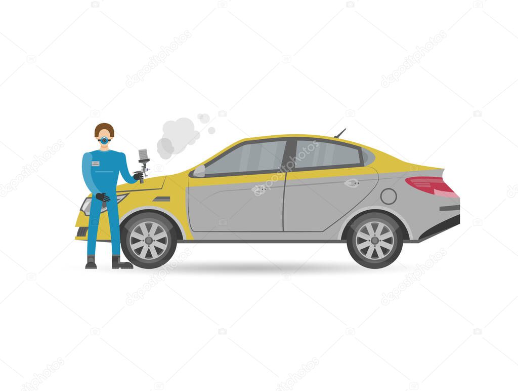 Auto mechanics in uniform car painting icon. Car diagnostics and repair services vector illustration.