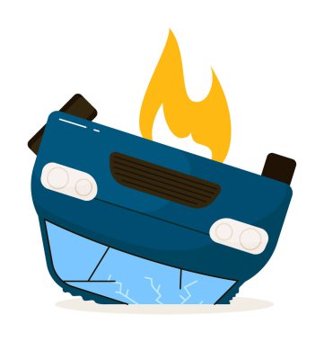 Araba takla attı. Vector arabası yanan alevlerle çatıda yatarken devrildi. Sigorta sorunu beyaz arkaplan illüstrasyonunda izole edildi