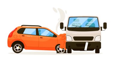 Trafik kazasıymış. Araba beyaz arka planda izole edilmiş bir nakliye kamyonuna çarpmış. Taşıma vektörü illüstrasyonuna çarptıktan sonra otomobil kazasıyla trafik kazası
