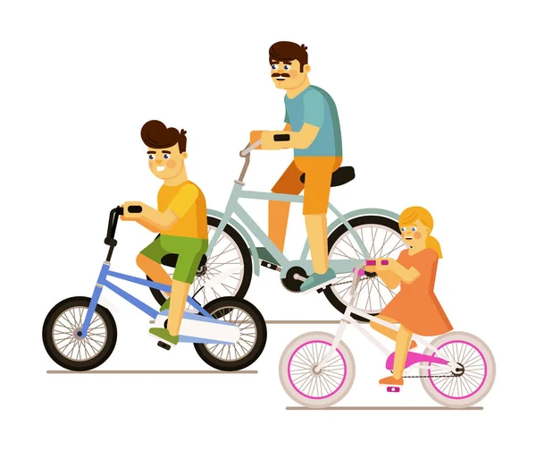 Feliz família andar de bicicleta juntos no fundo branco — Vetor de Stock