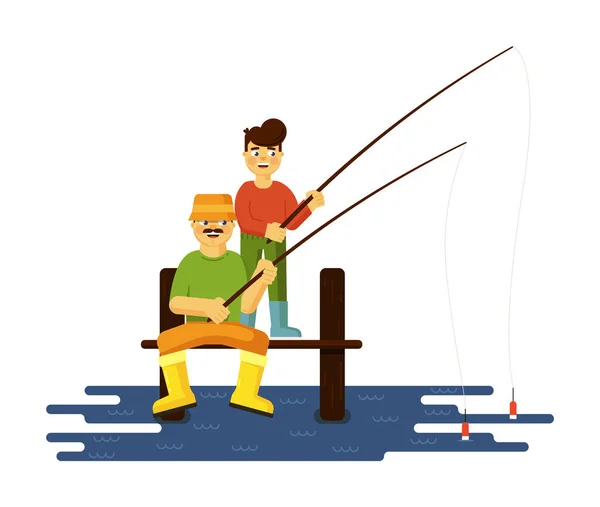 Father and son fishing together illustration on white — Stock Vector