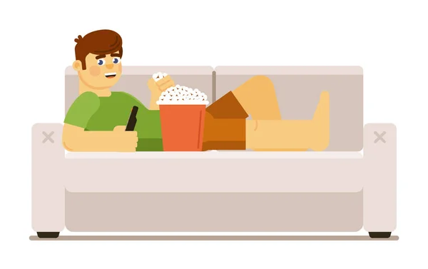Férfi néz televízió kanapén otthon elszigetelt fehér — Stock Vector