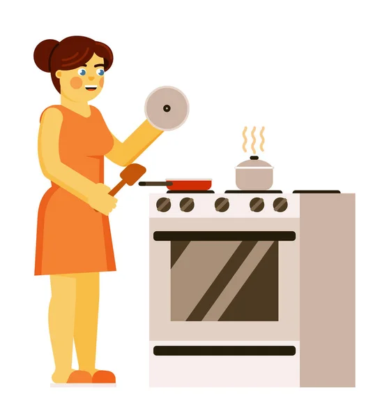 Mujer cocina en casa cocina aislada en blanco — Vector de stock