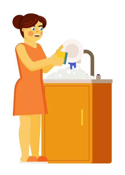 Mulher lavar prato isolado no fundo branco —  Vetores de Stock