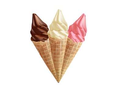 beyaz arka plan vektör üzerinde koni waffle vanilya, meyve ve çikolatalı dondurma