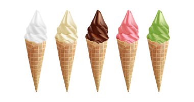 beyaz, antep fıstığı, vanilya, meyve ve çikolatalı dondurma beyaz arka plan vektör üzerinde koni waffle