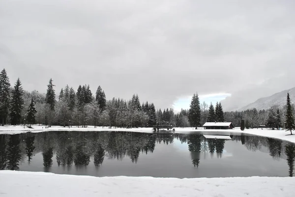 winter lake in France village  Samoens