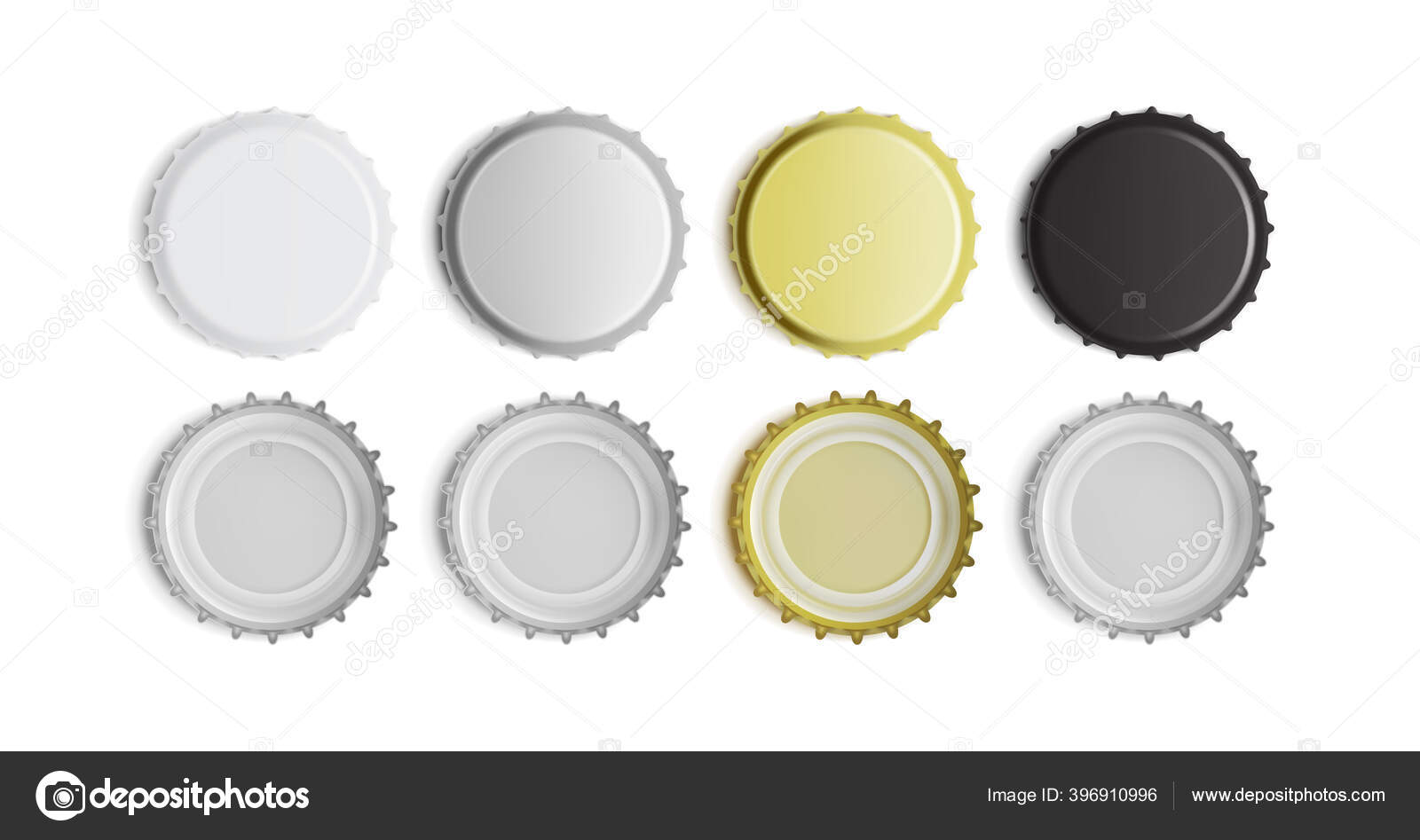 White Black Silver Gold Bottle Cap Top Bottom View Isolated Stock