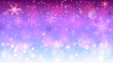 Kar taneleri ve bokeh ile mavi ve kırmızı arka plan