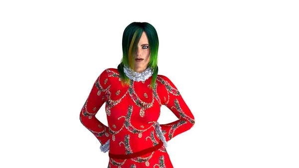 Ein Junges Mädchen Mit Grünen Haaren Festlichen Roten Pullover Zum — Stockfoto