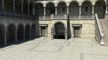 Avlunun girişinde kale manzarası. Gündüz