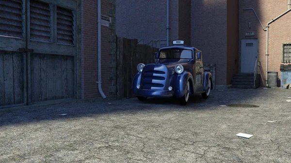 View of the blue old taxi standing at the end of an empty street at day. Garbage on the ground