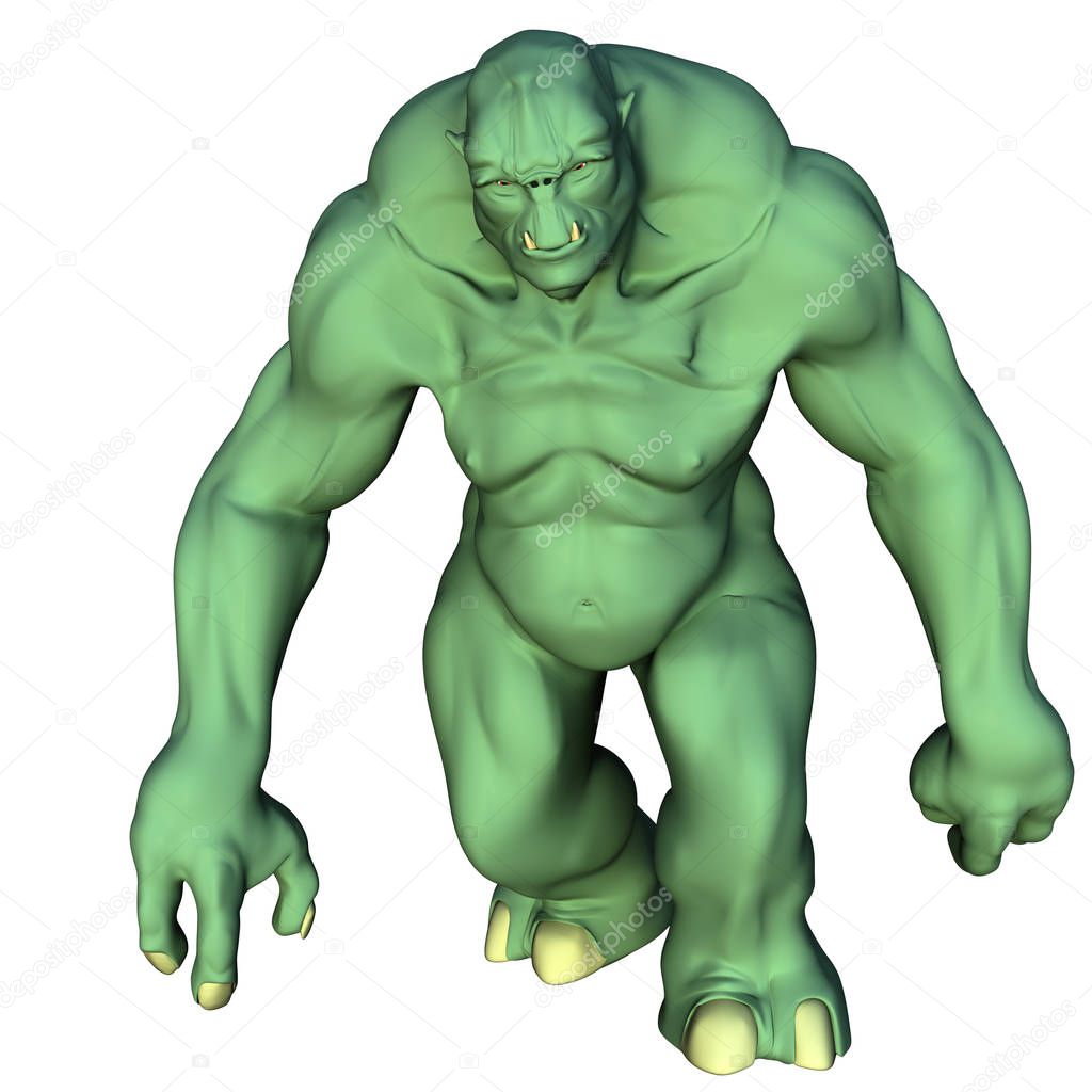 one huge and muscular green evil troll. He confidently goes to the camera with a clenched fist