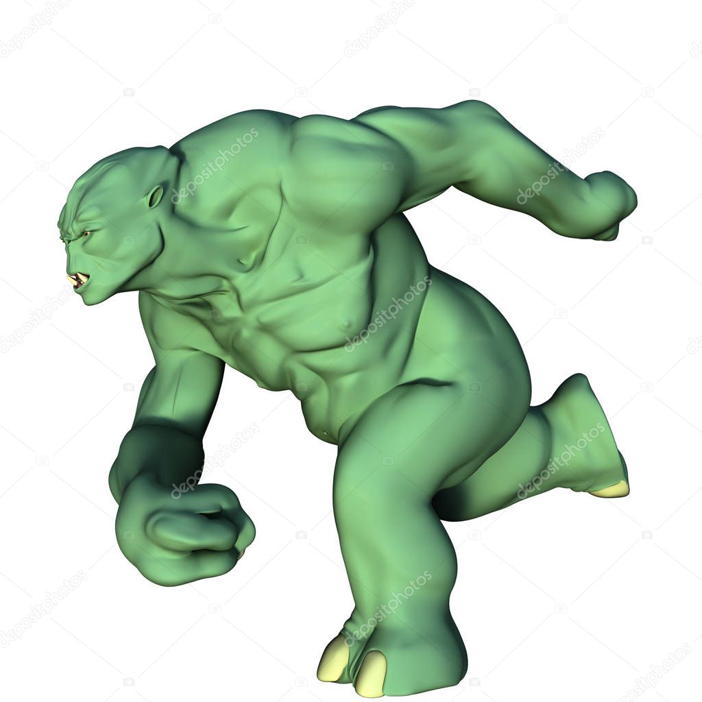 one huge and muscular green evil troll. He runs aside