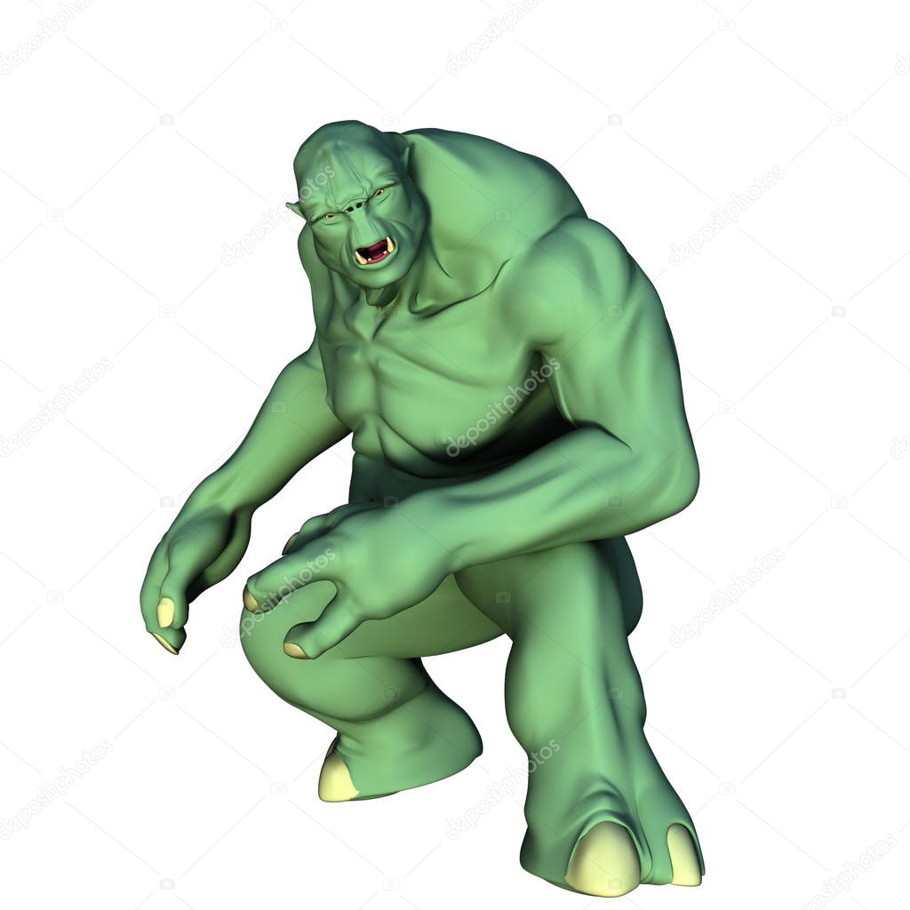 one huge and muscular green evil troll. He stands in a defensive position and snarls