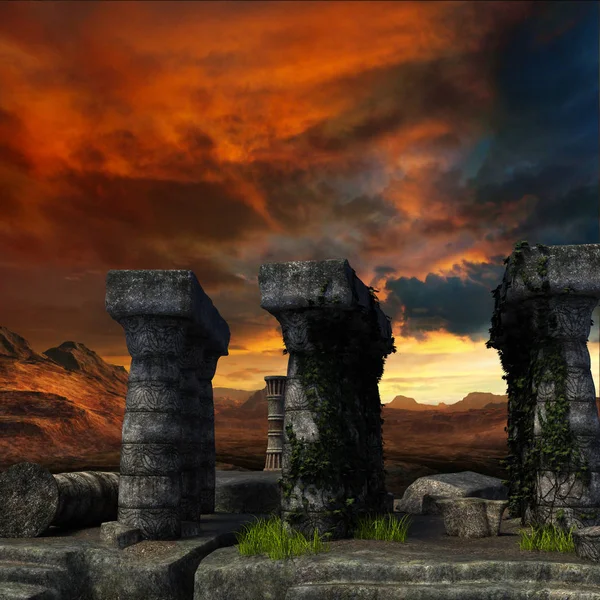 View of the destroyed columns of the ancient time overgrown with plants and leaves. Red sky on the horizon at sunset