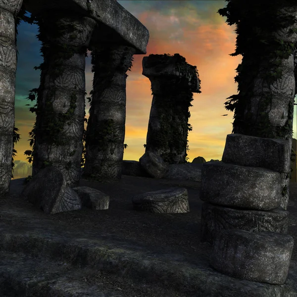 Vista Las Columnas Destruidas Antigüedad Sin Plantas Hojas Amanecer — Foto de Stock
