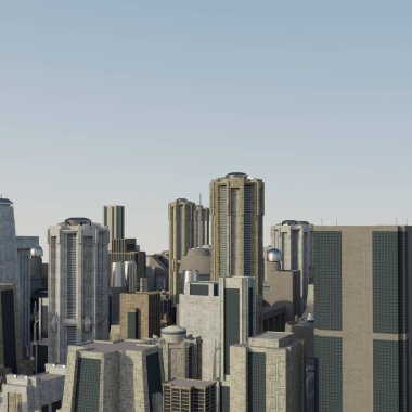 Geleceğin fütüristik sanayi kenti üzerinde uçuş görünümü. Sunrise