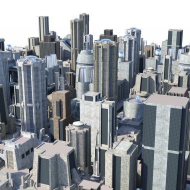 Geleceğin fütüristik sanayi kenti üzerinde uçuş görünümü. Beyaz arka plan