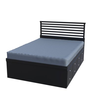 Beyaz bir arka plan üzerinde büyük bir çift rahat yatak görünümü. Giysi rafları ile