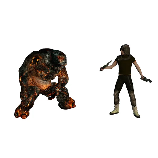一个巨魔和一个战士准备以防御姿态站在对方对面的战斗 — 图库照片