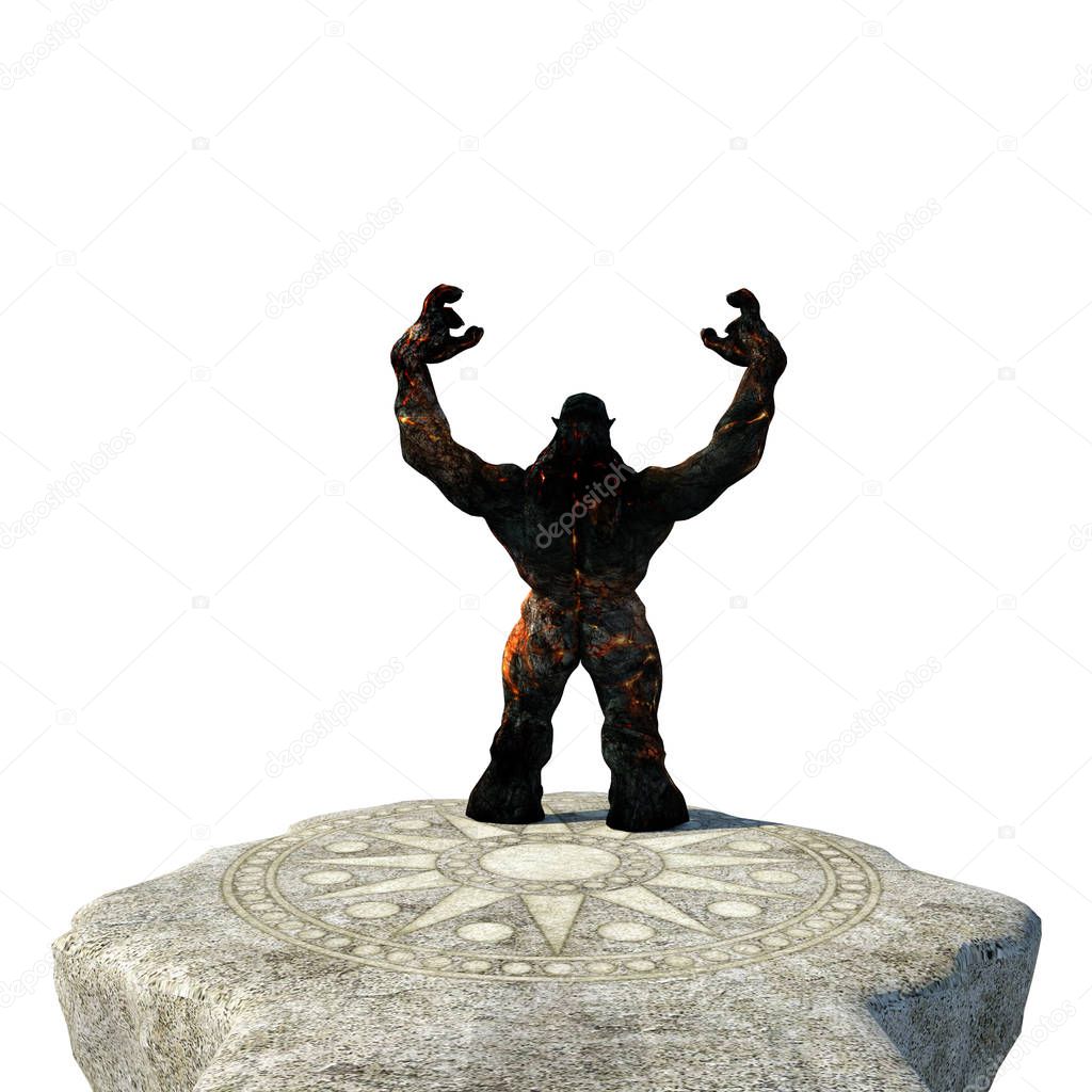 One big red troll stands on the edge of the altar and raised his hands up. White background