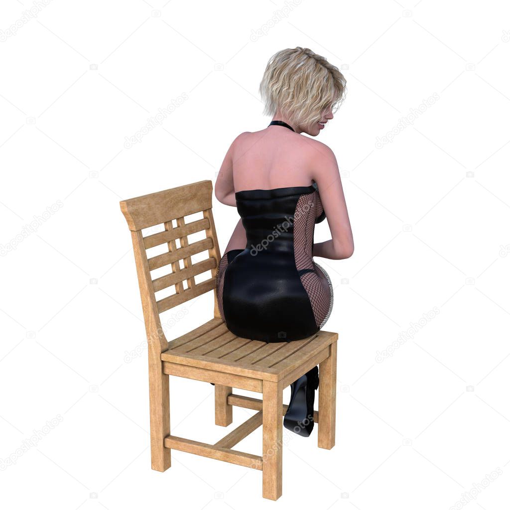 one young and pretty girl posing while sitting on a chair and turning her back to the camera