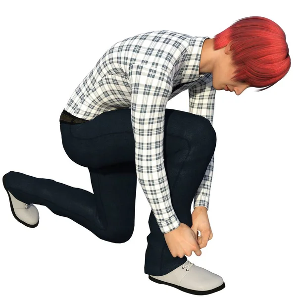 One Young Guy Red Hair Shirt Knelt Tie His Shoelaces — Stock Photo, Image