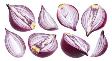 Beyaz arka plan üzerinde izole kırmızı dilimlenmiş soğan. Koleksiyonu