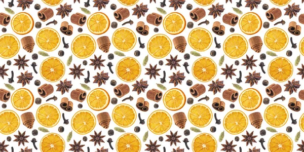 Seamless pattern of christmas spices for decoration. Ingredients for mulled wine isolated on white background. Cinnamon sticks, dried oranges, allspice, star anise. — Stock Photo, Image