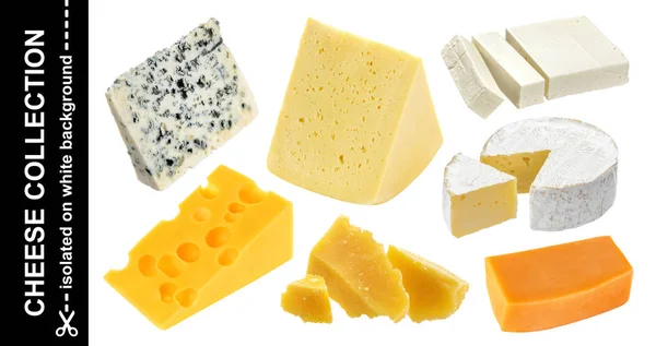 Verschiedene Käsesorten isoliert. Cheddar, Parmesan, Emmentaler, Blu-Käse, Camembert, Feta auf weißem Hintergrund — Stockfoto