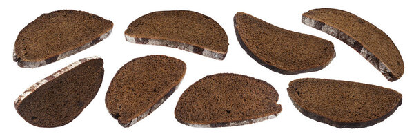 Slices of black rye bread isolated on white background