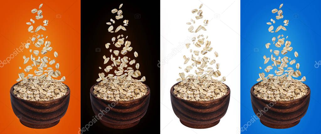 Oat flakes falling in bowl, isolated on white, black, color backgrounds, flying oats packaging concept, oatmeal grains