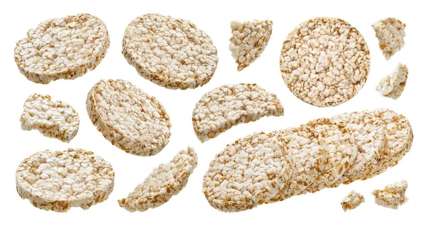 Пухкий рисовий хліб ізольований на білому тлі, дієтичні хрусткі круглі рисові вафлі — стокове фото