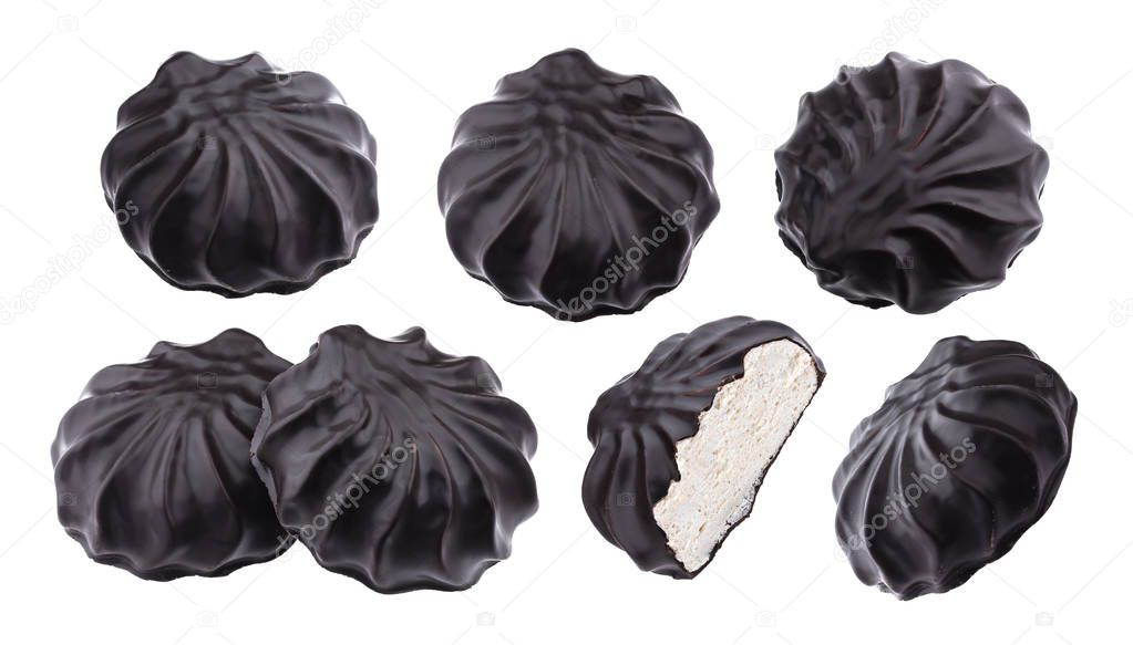 Chocolate covered marshmallows, traditional russian zephyr in chocolate isolated on white background with clipping path, collection