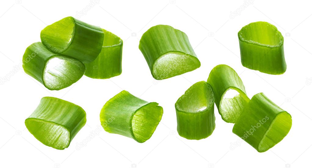 Chopped chives, fresh cut green onions isolated on white background with clipping path, macro, closeup