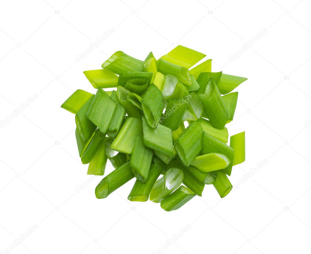 Chopped chives, fresh green onions isolated on white background, top view